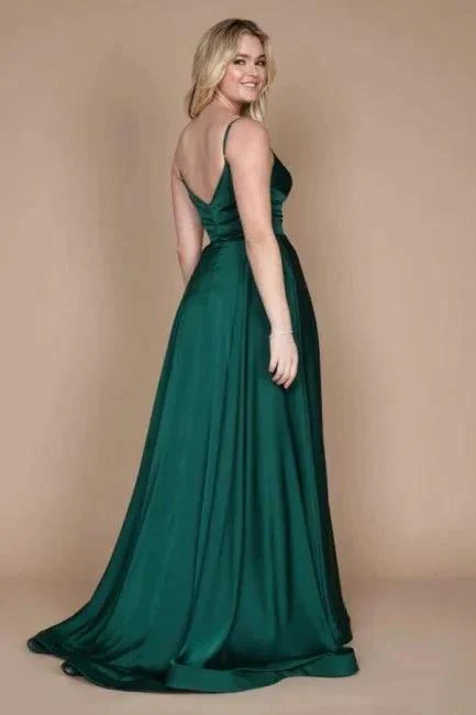 Simple Green Spaghetti Straps Sleeveless Column Satin Prom Dresses with Ruffles - Image 2