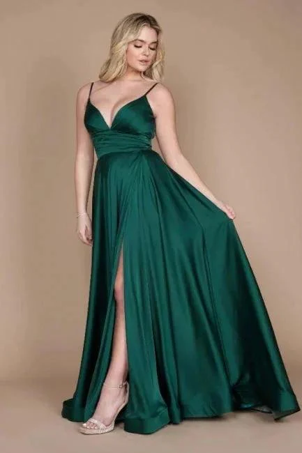 Simple Green Spaghetti Straps Sleeveless Column Satin Prom Dresses with Ruffles - Image 3