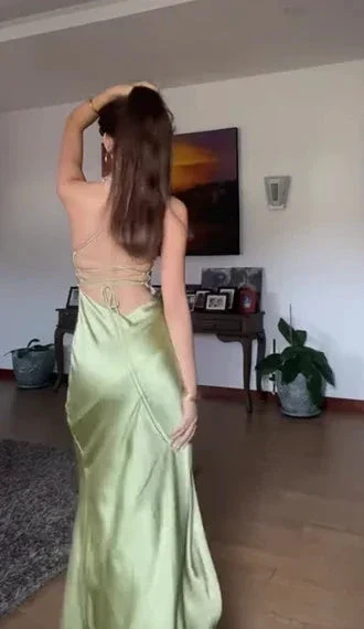 Simple Green Spaghetti Straps High Slit A Line Evening Dress Backless Prom Dress Y8433 - Image 5