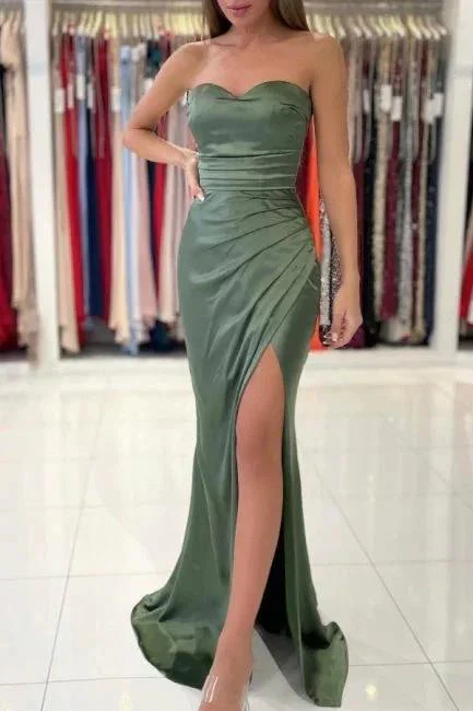 Simple Green Strapless Sleeveless Mermaid Elastic Woven Satin Floor-Length Prom Dresses - Image 2