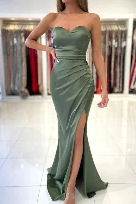 Simple Green Strapless Sleeveless Mermaid Elastic Woven Satin Floor-Length Prom Dresses - Image 6