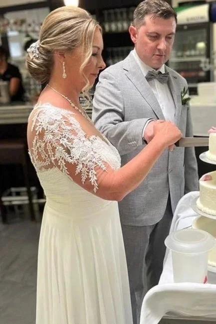 Simple Half-Sleeve Chiffon Sheath Wedding Dresses Bridal Gowns With Lace - Image 2