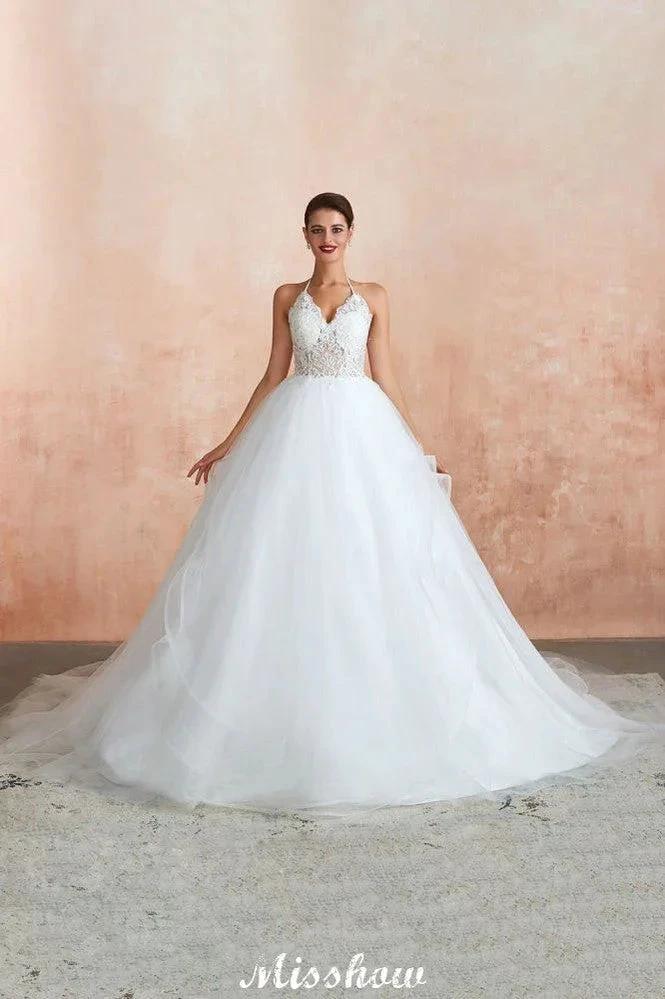 Simple Halter Ball Gown Open Back Lace Bridal Gown with Chapel Train - Image 10
