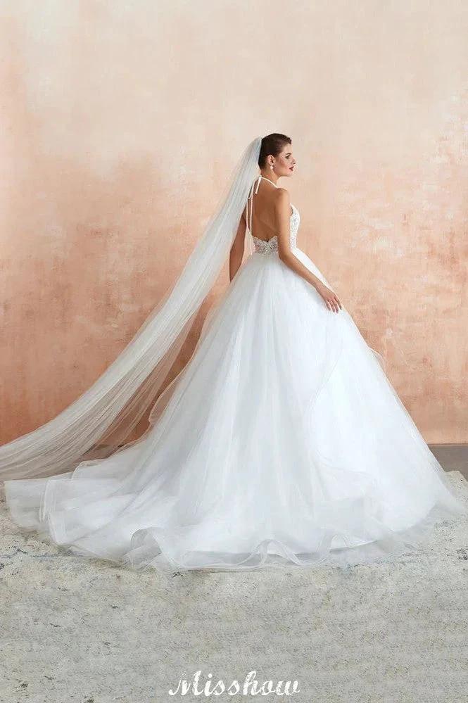 Simple Halter Ball Gown Open Back Lace Bridal Gown with Chapel Train - Image 2