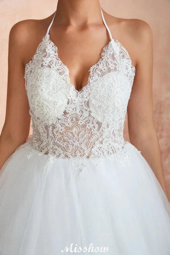 Simple Halter Ball Gown Open Back Lace Bridal Gown with Chapel Train - Image 3