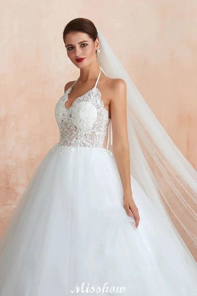 Simple Halter Ball Gown Open Back Lace Bridal Gown with Chapel Train - Image 4