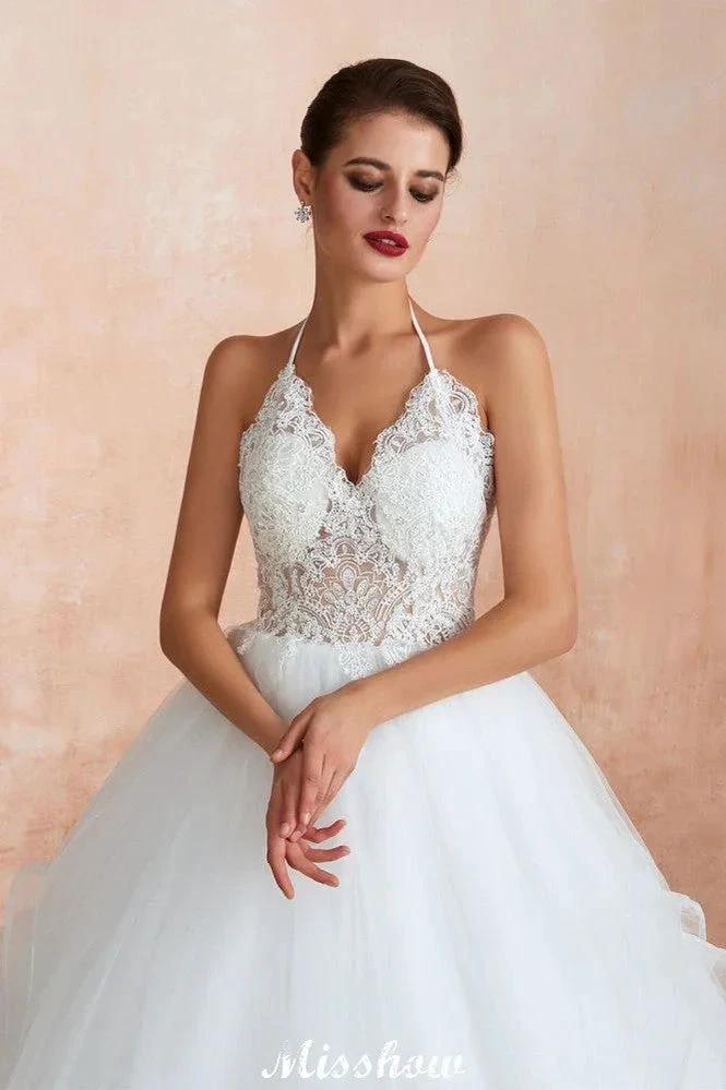 Simple Halter Ball Gown Open Back Lace Bridal Gown with Chapel Train - Image 5