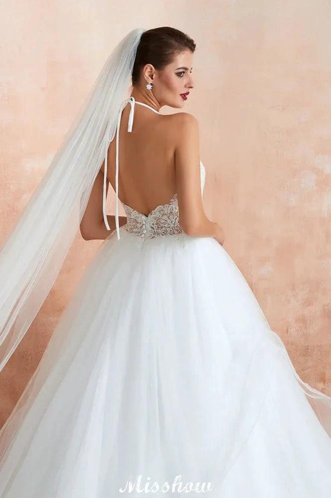 Simple Halter Ball Gown Open Back Lace Bridal Gown with Chapel Train - Image 6