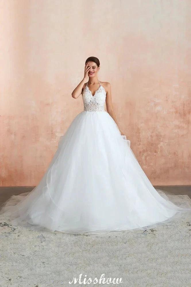 Simple Halter Ball Gown Open Back Lace Bridal Gown with Chapel Train - Image 7