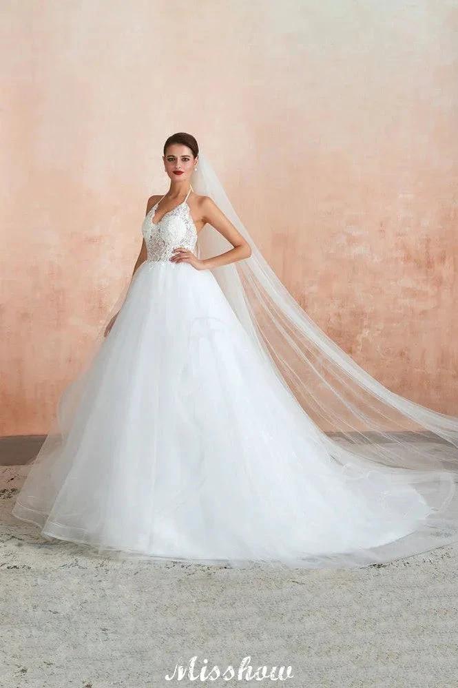 Simple Halter Ball Gown Open Back Lace Bridal Gown with Chapel Train - Image 8