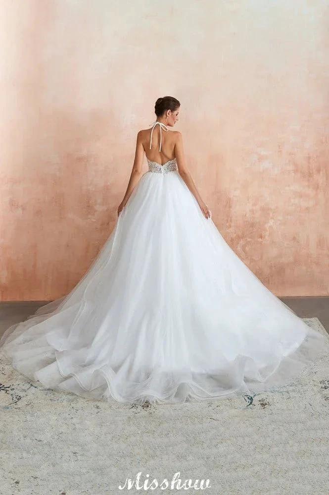 Simple Halter Ball Gown Open Back Lace Bridal Gown with Chapel Train - Image 9