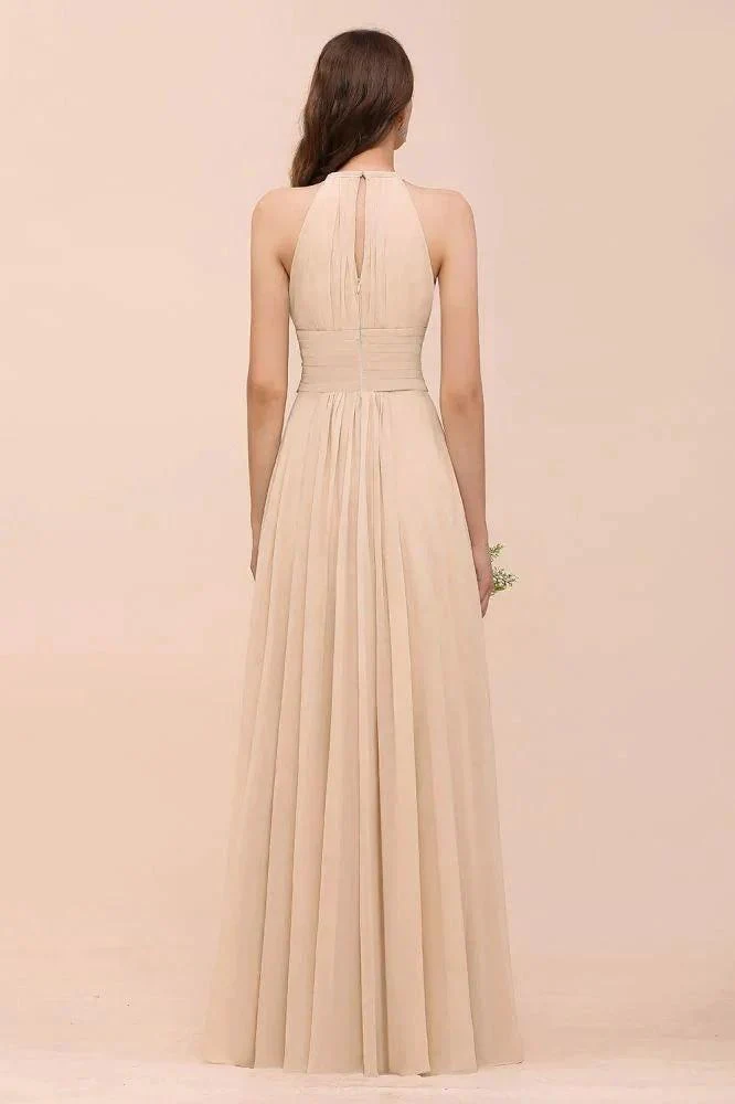 Simple Halter Champagne Slim Long Bridesmaid Dress - Image 2