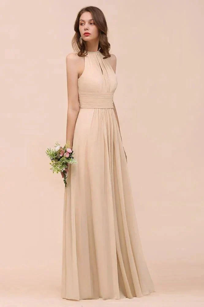 Simple Halter Champagne Slim Long Bridesmaid Dress - Image 3