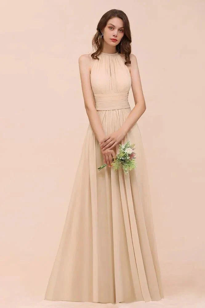 Simple Halter Champagne Slim Long Bridesmaid Dress - Image 4