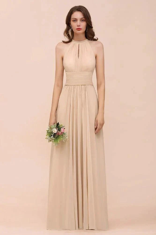 Simple Halter Champagne Slim Long Bridesmaid Dress - Image 5