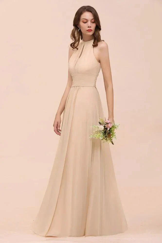 Simple Halter Champagne Slim Long Bridesmaid Dress - Image 6