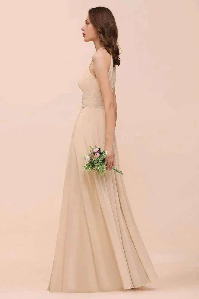 Simple Halter Champagne Slim Long Bridesmaid Dress - Image 7