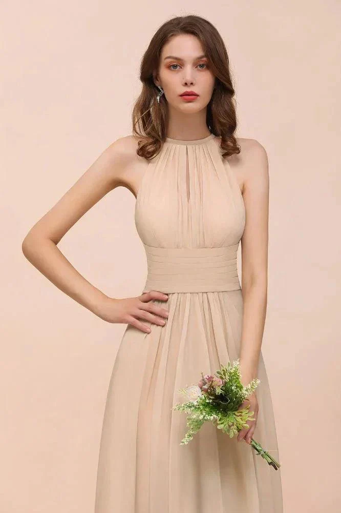 Simple Halter Champagne Slim Long Bridesmaid Dress - Image 8