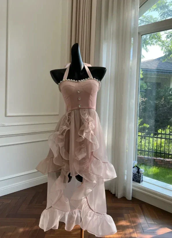 Simple Halter Pink Tulle Pearls Beaded High-Low Ruffles Homecoming Dress Party Dress Y8582 - Image 10
