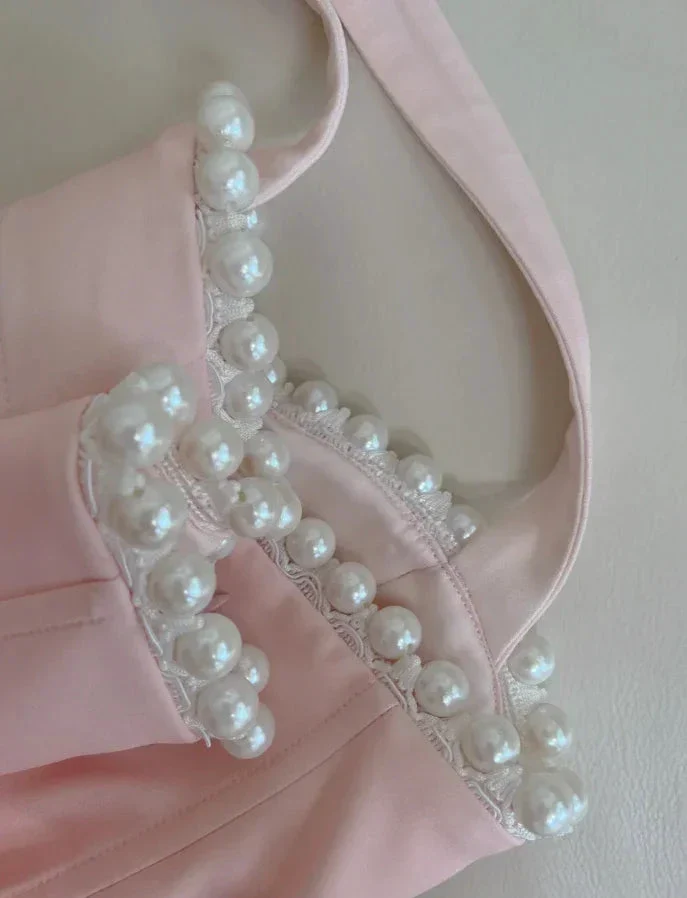 Simple Halter Pink Tulle Pearls Beaded High-Low Ruffles Homecoming Dress Party Dress Y8582 - Image 4
