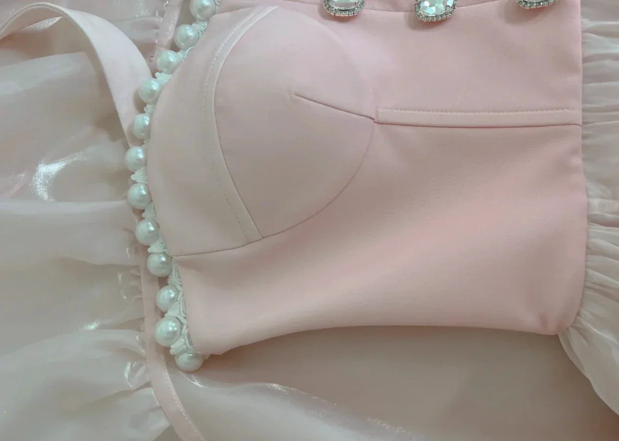 Simple Halter Pink Tulle Pearls Beaded High-Low Ruffles Homecoming Dress Party Dress Y8582 - Image 5