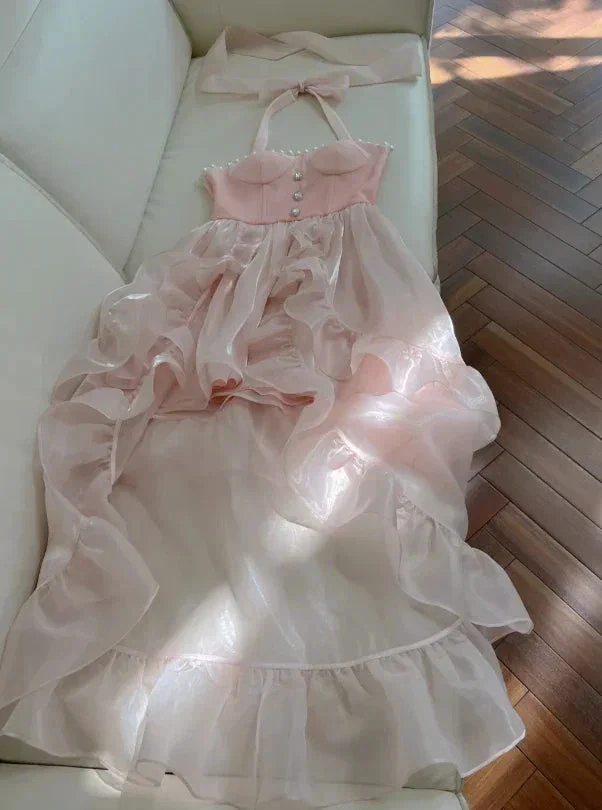 Simple Halter Pink Tulle Pearls Beaded High-Low Ruffles Homecoming Dress Party Dress Y8582 - Image 6