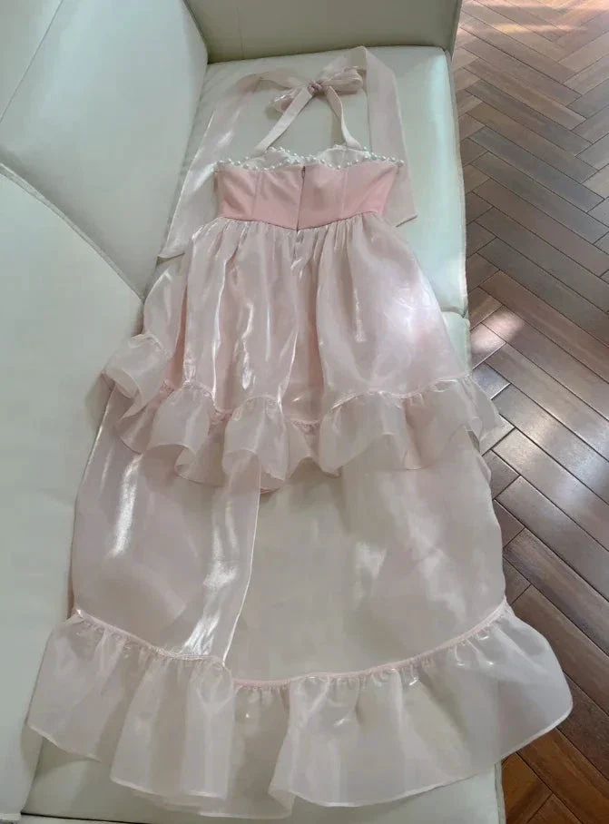 Simple Halter Pink Tulle Pearls Beaded High-Low Ruffles Homecoming Dress Party Dress Y8582 - Image 7