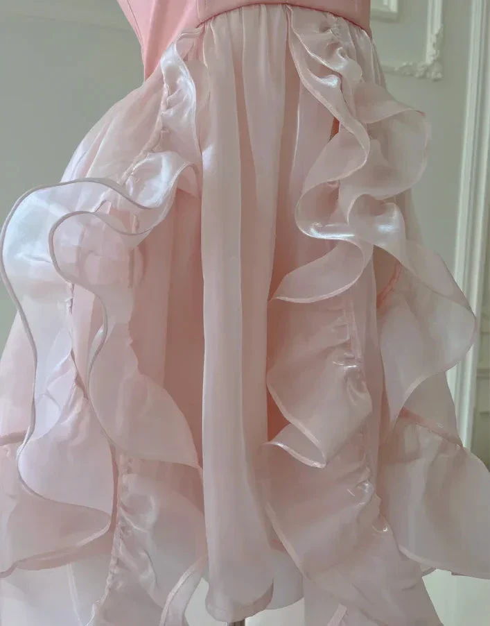 Simple Halter Pink Tulle Pearls Beaded High-Low Ruffles Homecoming Dress Party Dress Y8582 - Image 8