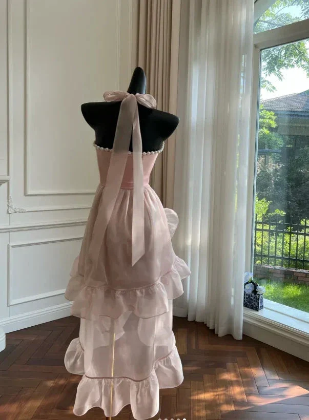 Simple Halter Pink Tulle Pearls Beaded High-Low Ruffles Homecoming Dress Party Dress Y8582 - Image 9