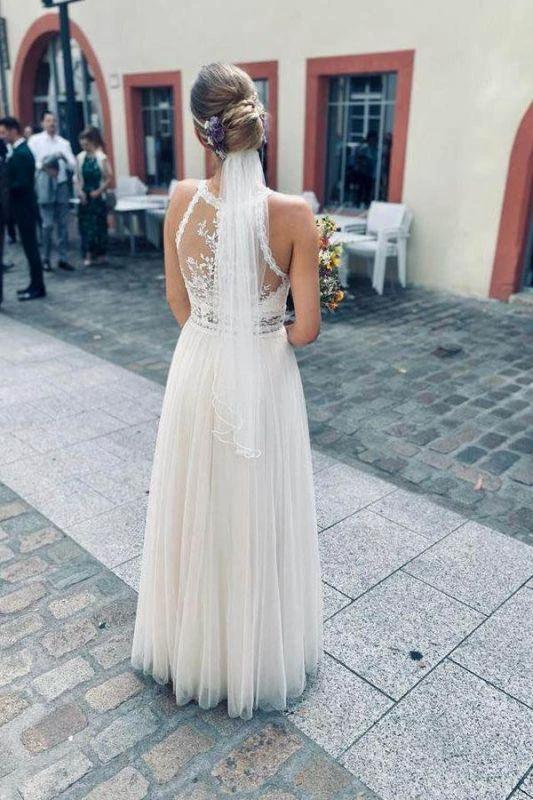 Simple Halter White Sleeveless A-line Tulle Wedding Dress - Image 2