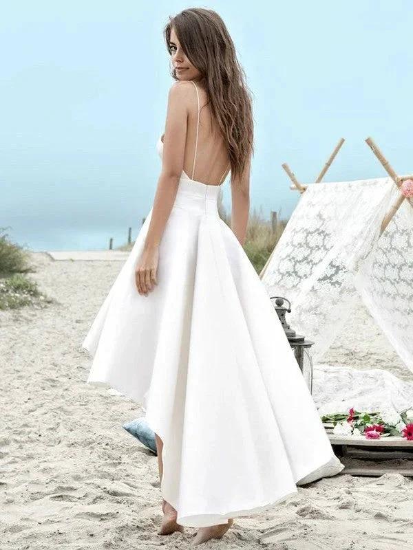 Simple High Low A-Line V-neck Spaghetti Straps Wedding Dress With Pockets - Image 2