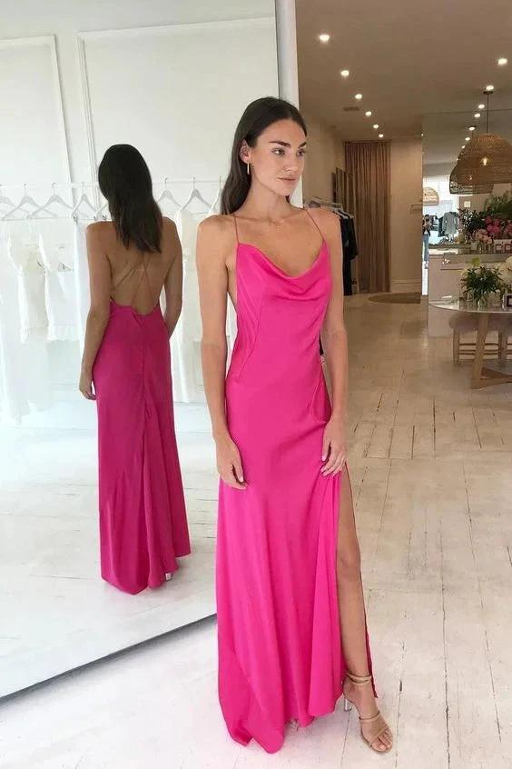 Simple Hot Pink Criss Cross Long Evening Dresses Silk Satin Prom Dress With Slit Y63 - Image 2
