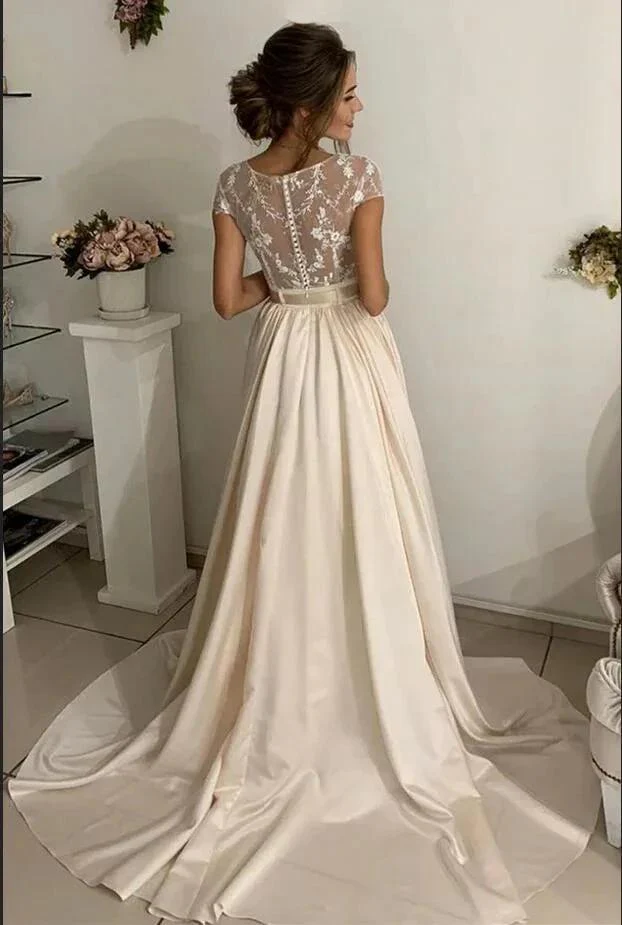 Simple Long A-line jewel Stretch Satin Lace Wedding Dresses - Image 2