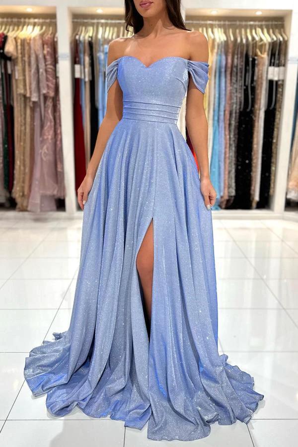 Simple Long A-line Off The shoulder Glitter Prom Dress with Slit - Image 4