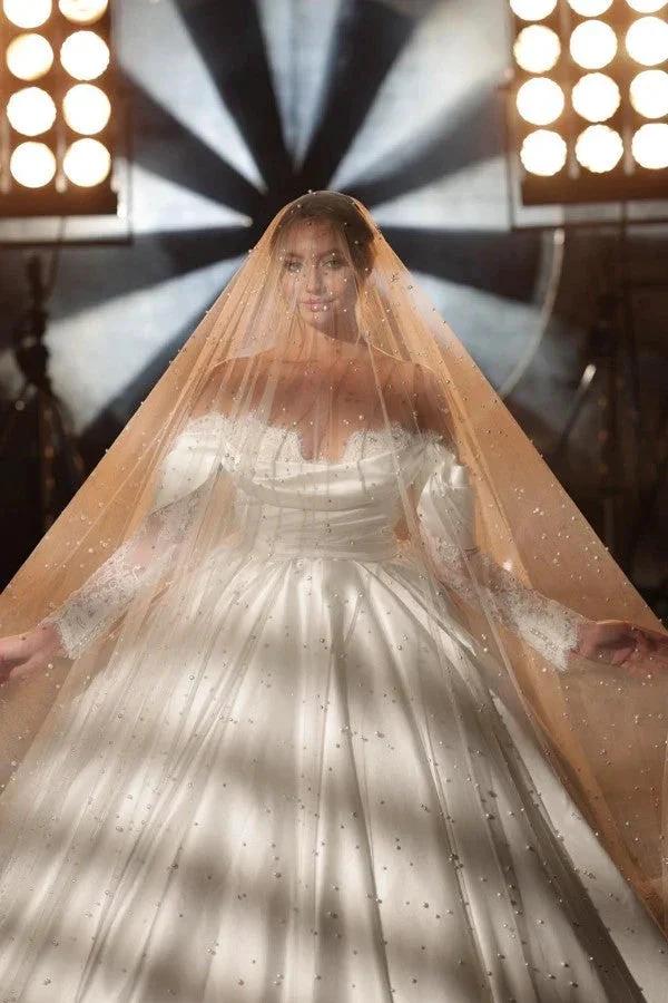 Simple Long A-line Off-the-shoulder Princess Satin Lace Wedding Dresses With Long Sleeves - Image 2