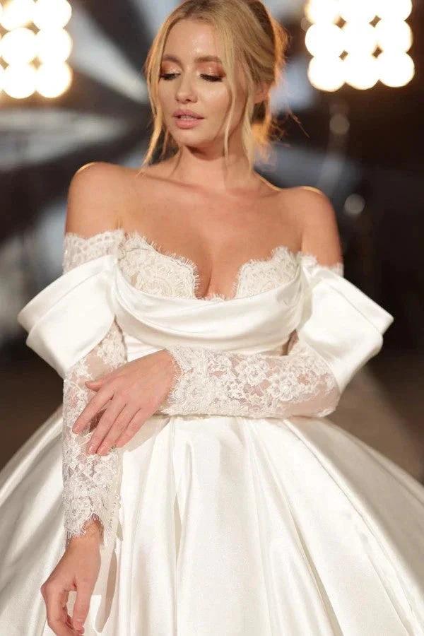Simple Long A-line Off-the-shoulder Princess Satin Lace Wedding Dresses With Long Sleeves - Image 3