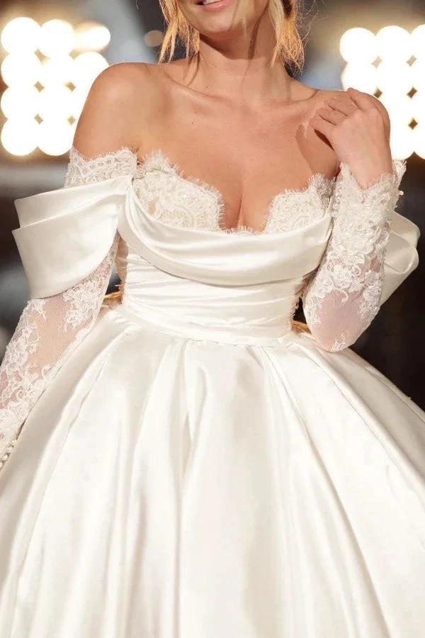 Simple Long A-line Off-the-shoulder Princess Satin Lace Wedding Dresses With Long Sleeves - Image 4