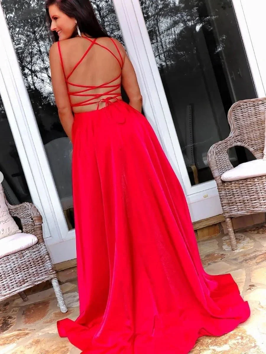Simple Long A-line Open Back Satin Front Slit Formal Prom Dresses with Cross Back - Image 2