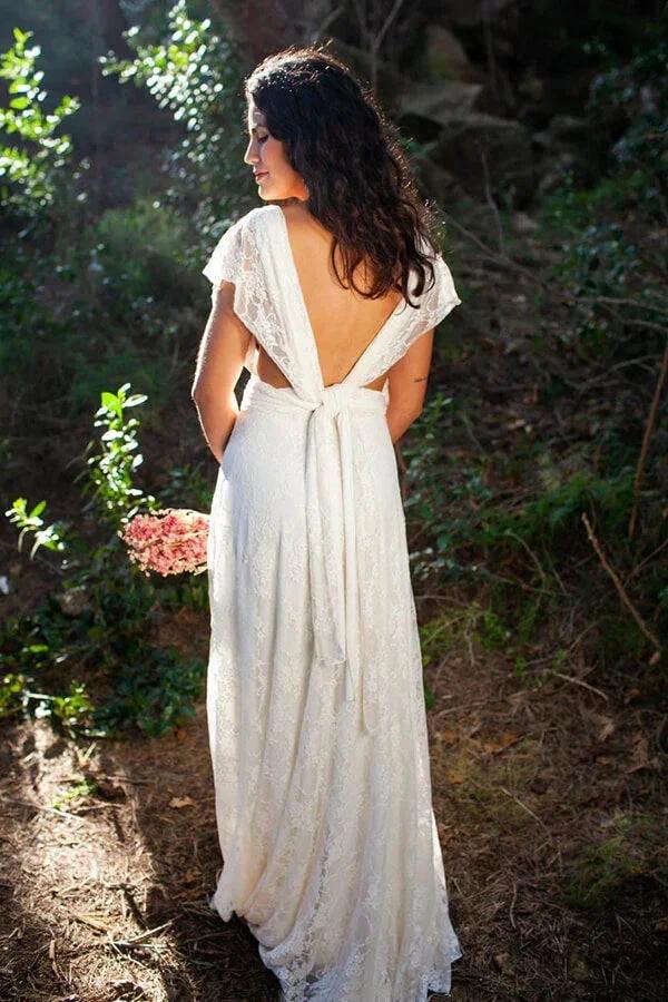 Simple Long A-line Open Back Sleeveless V-neck Lace Wedding Dress - Image 2