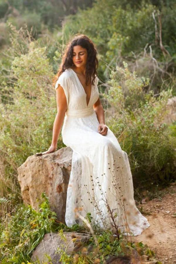 Simple Long A-line Open Back Sleeveless V-neck Lace Wedding Dress - Image 3