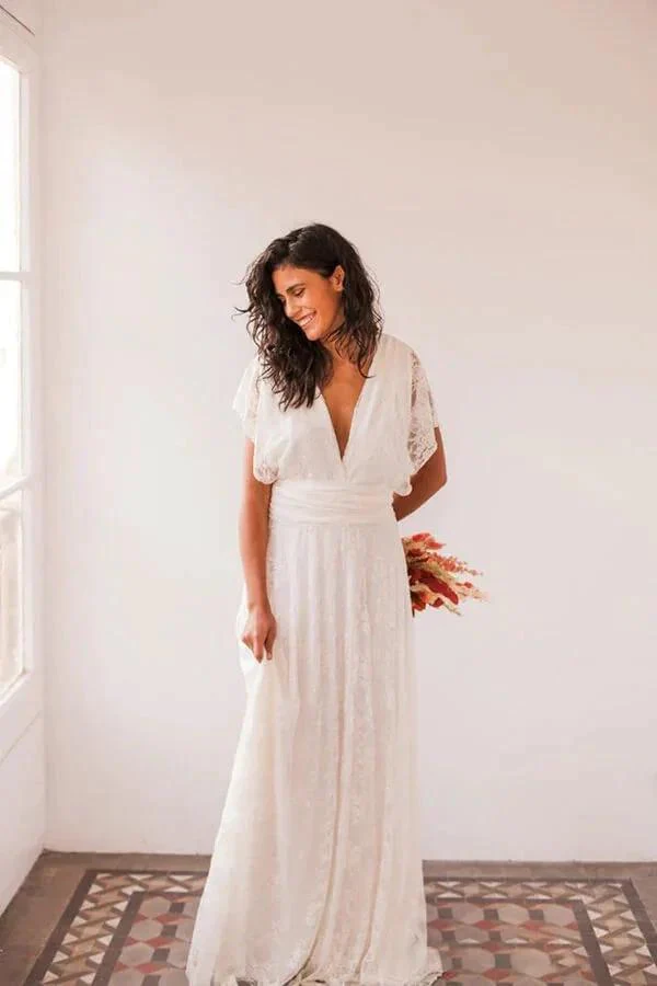 Simple Long A-line Open Back Sleeveless V-neck Lace Wedding Dress - Image 5