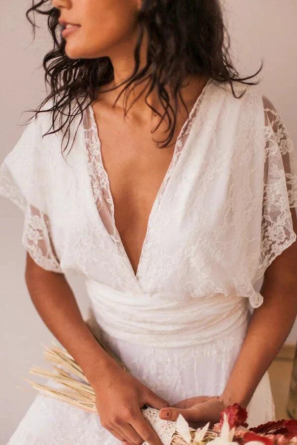 Simple Long A-line Open Back Sleeveless V-neck Lace Wedding Dress - Image 8