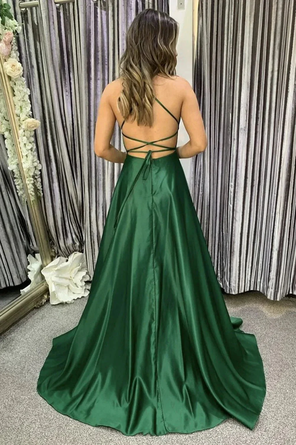 Simple Long A-line Satin Open Back Graduation Prom Dresses with Slit - Image 2