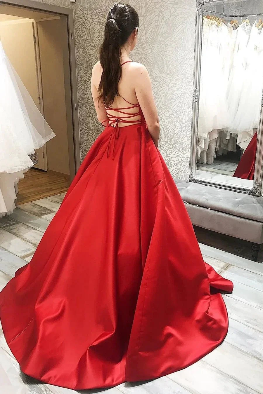 Simple Long A-line Spaghetti Straps Backless Satin Prom Formal Graduation Dresses - Image 2