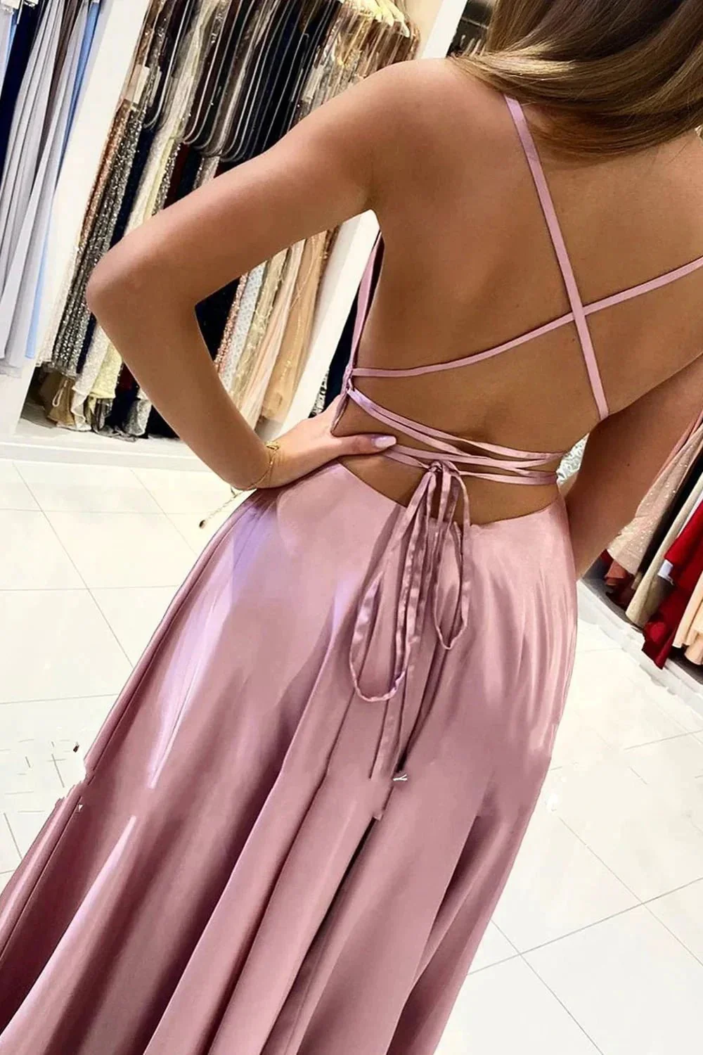 Simple Long A-line Spaghetti Straps Open Back Prom Dress with Slit - Image 2