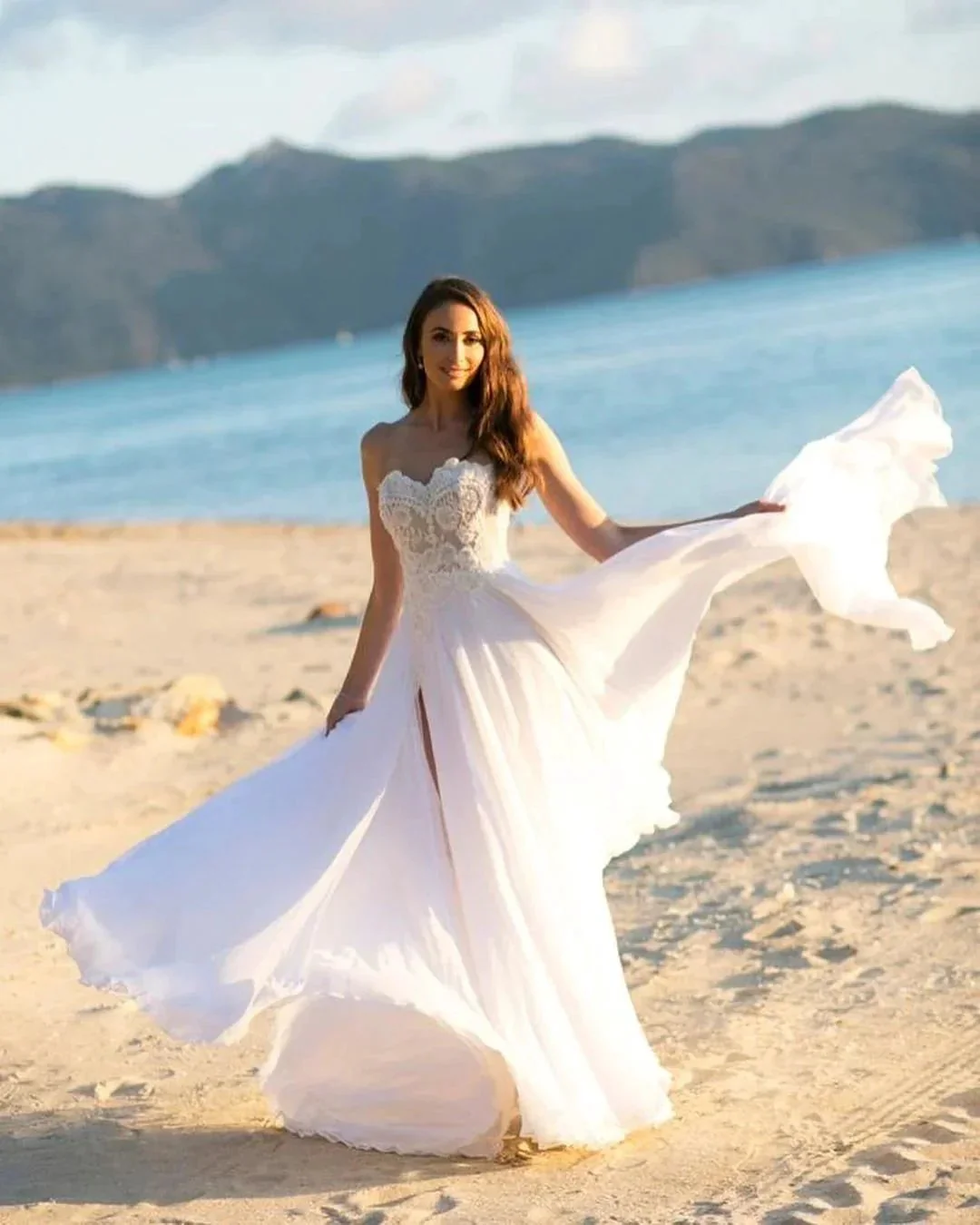 Simple Long A-line Sweetheart Chiffon Appliques Lace Wedding Dress - Image 2