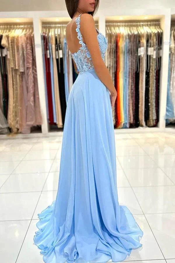 Simple Long A-line Sweetheart Chiffon Lace Backless Prom Dress with Slit - Image 4