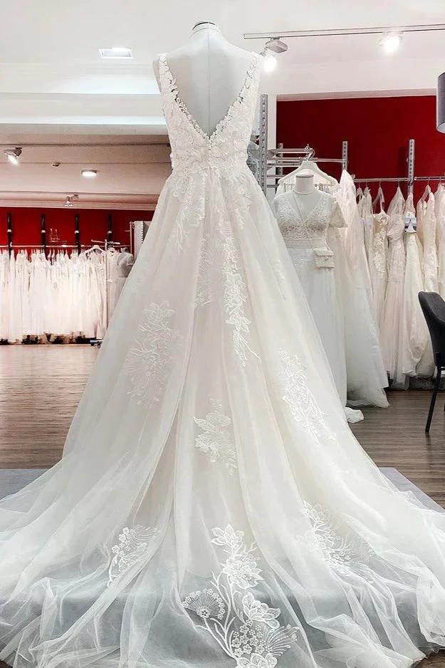 Simple Long A-line Tulle Lace V Neck Appliques Lace Open Back Wedding Dress - Image 2