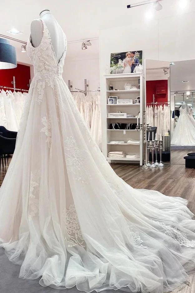 Simple Long A-line Tulle Lace V Neck Appliques Lace Open Back Wedding Dress - Image 3