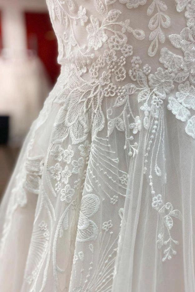 Simple Long A-line Tulle Lace V Neck Appliques Lace Open Back Wedding Dress - Image 4